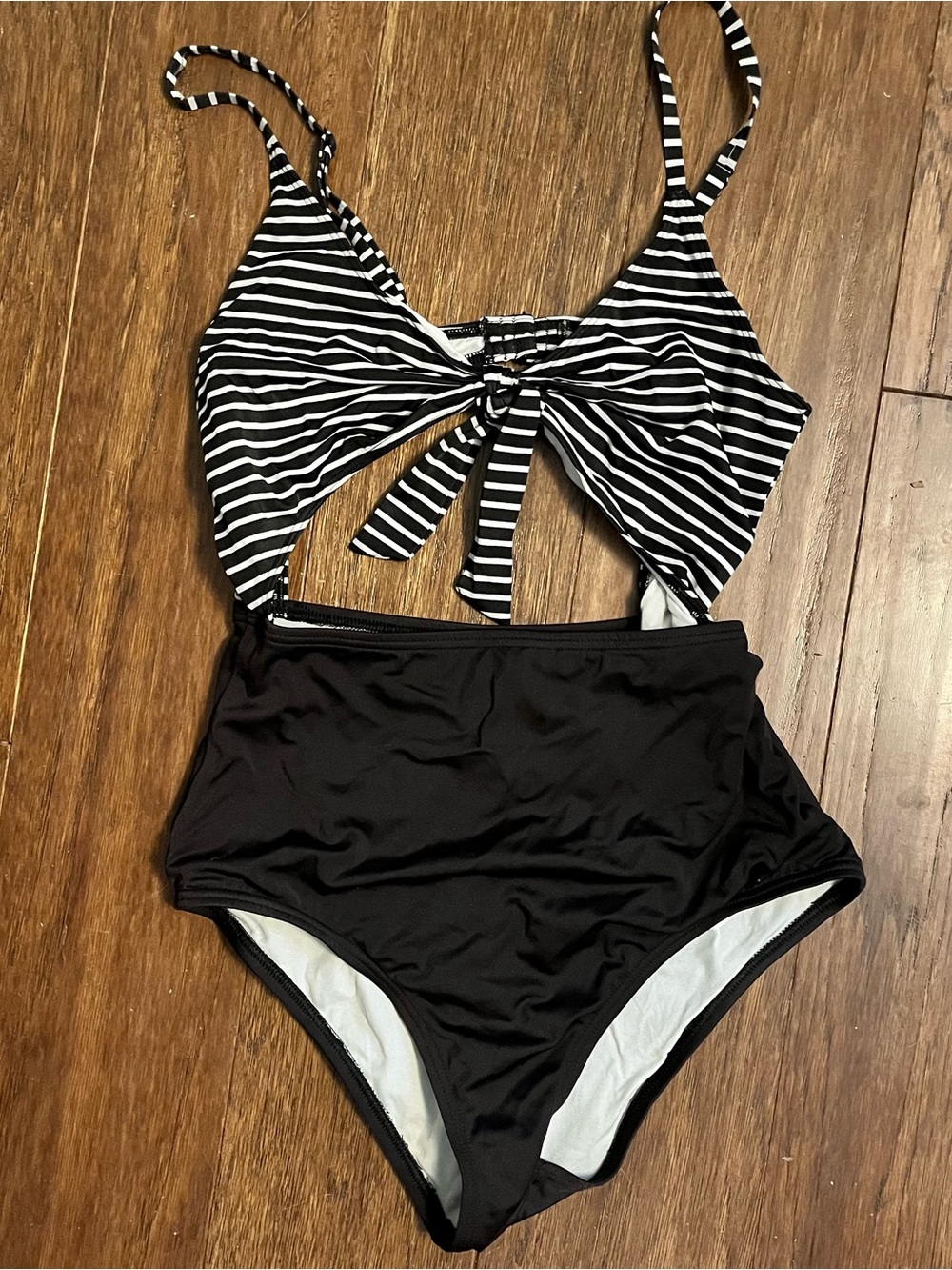 Urban Outfitters Black One-Piece Swimsuit with Black & White Striped Tie